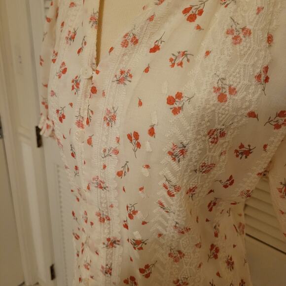 Floral Print Ruffle Trim Embroidered Button Front Blouse Ivory Womens Size 4-6 - Picture 4 of 8